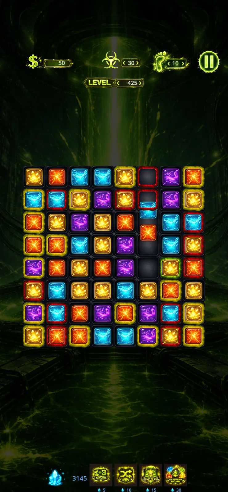An eight-by-eight board with green toxic tiles