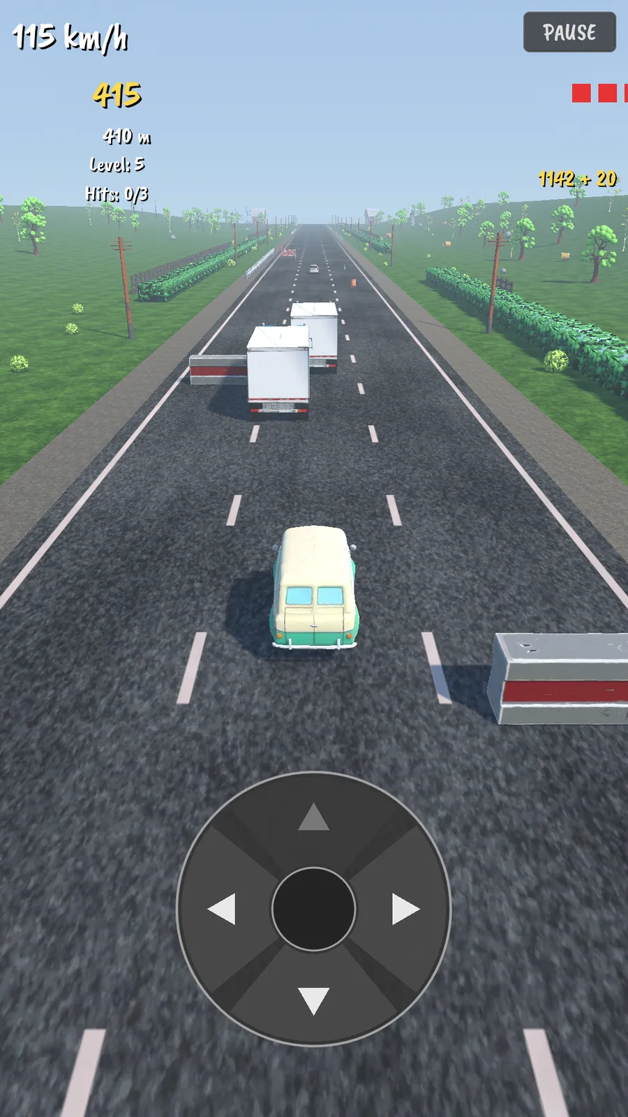 The truck in the centre lane with a box van and a barrier ahead