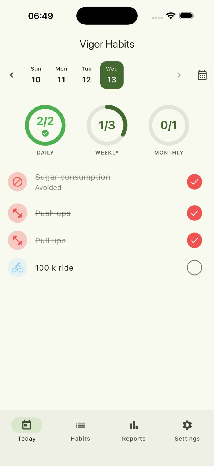 The Today tab showing daily, weekly and monthly rings