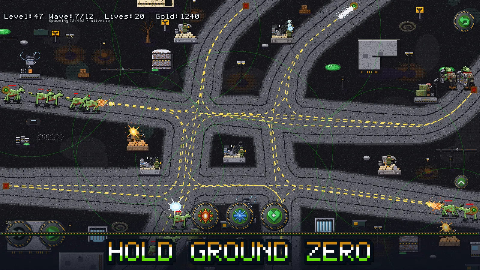 Level 47 in Ground Zero: a night-time crossroads held by sniper posts and an EMP tower while feral hounds cross the yellow-dashed road