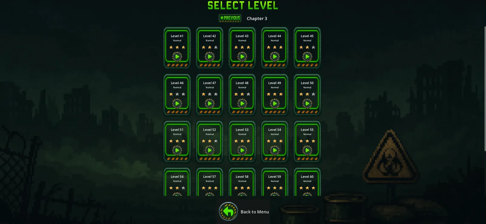 Level select grid for chapter three, showing star ratings