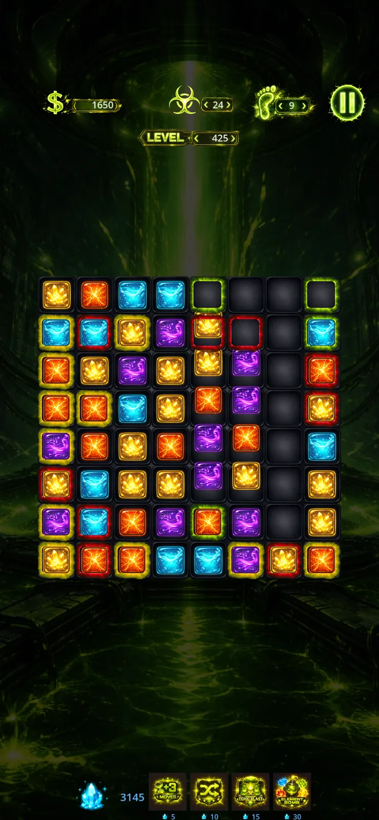 A later level with toxic barriers between cells