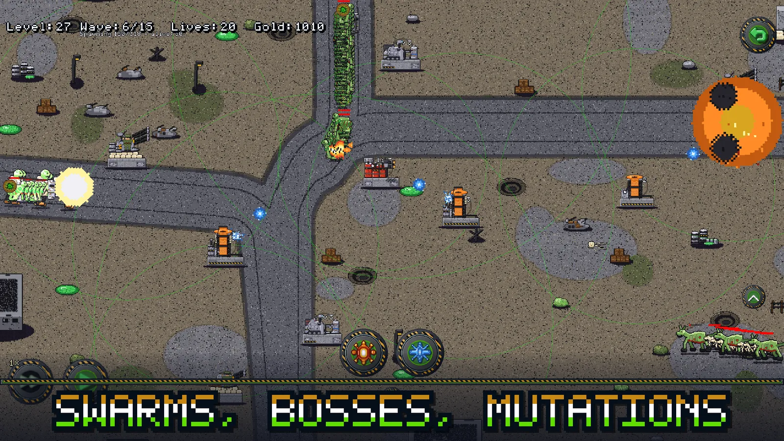 Level 27 in Mutated Hordes: a desert junction mid-wave, a boss column advancing under fire from Arc and Incinerator towers