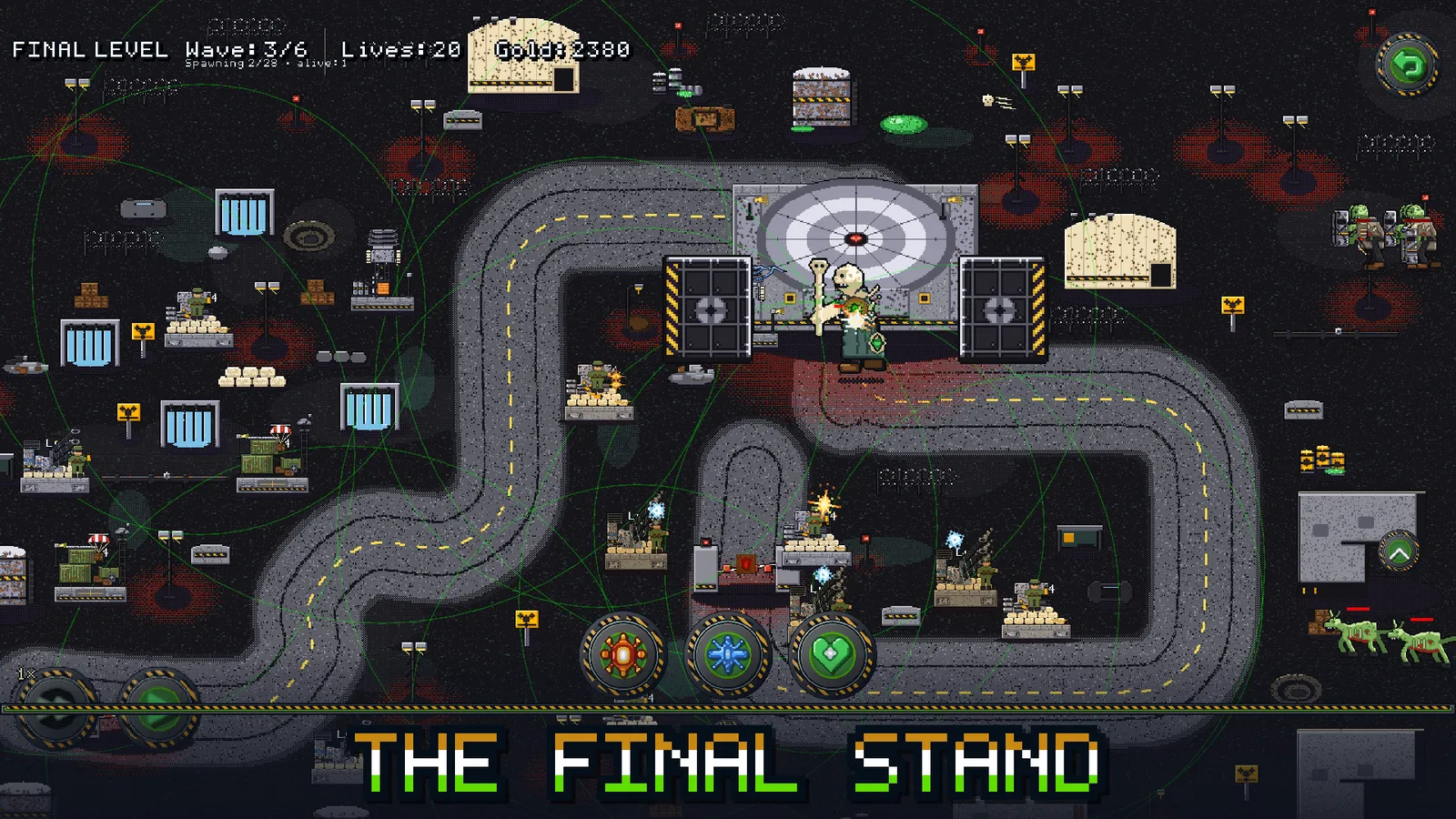 The Final Stand: the Site 9 core behind blast doors, ringed by upgraded towers as the last waves arrive