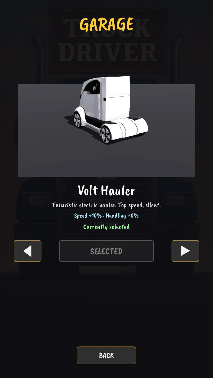 The garage, showing the Volt Hauler and its speed and handling stats