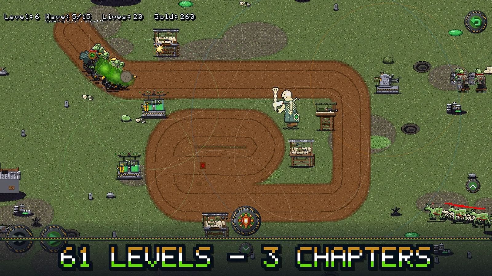 Level 6 in Zombie Outbreak: a grass loop where a Chemical tower gasses a zombie pack at the first bend