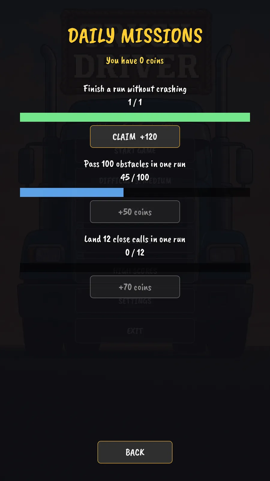 The daily missions screen with one goal complete and two in progress