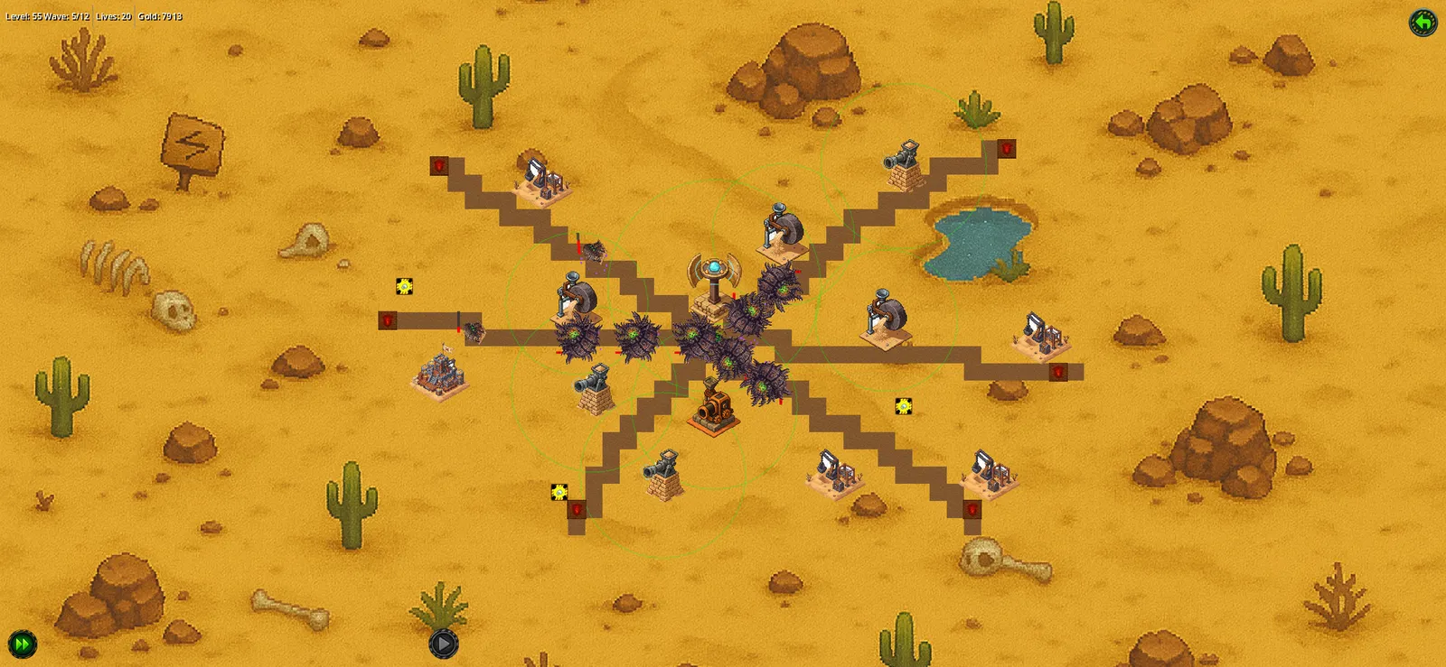 The same level mid-wave, with an enemy swarm advancing